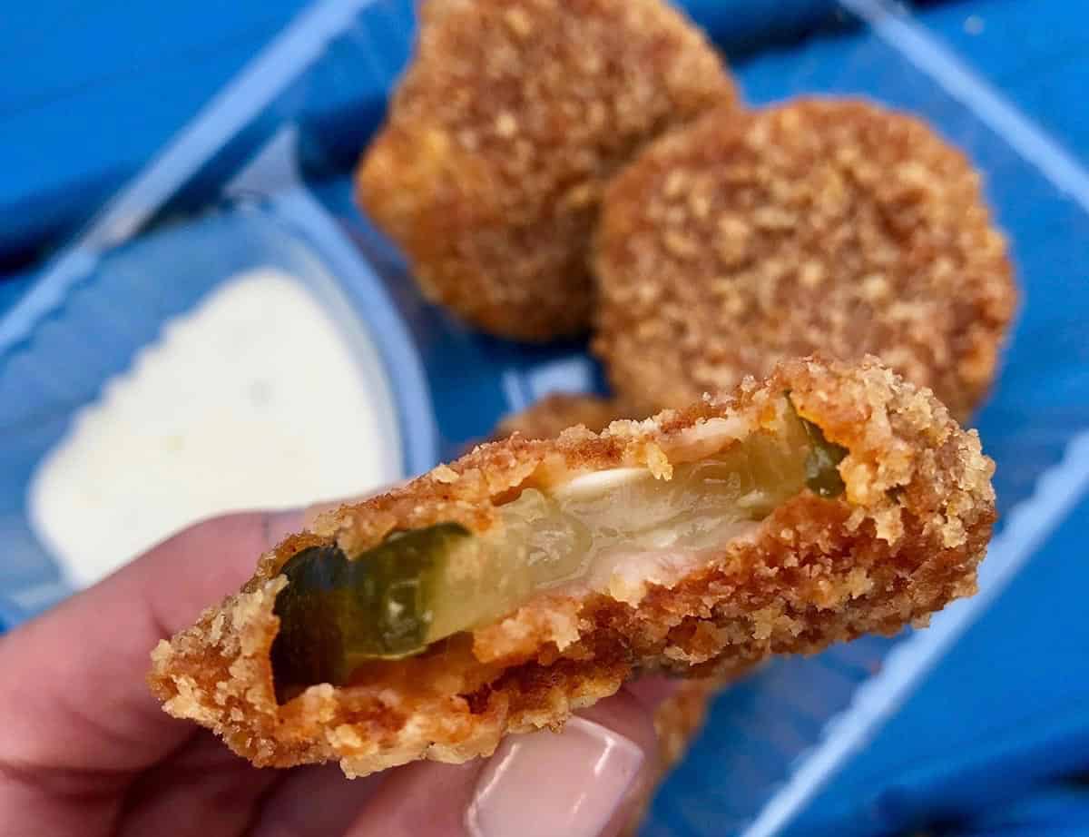 deep fried pickle chip with a bite out of it