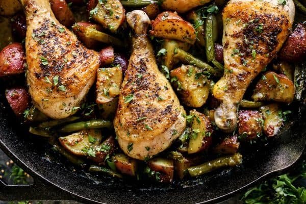 a skillet of Honey Mustard Chicken and Vegetables  