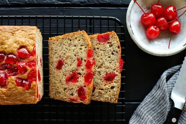 Sour Cream Banana Bread with cherries on top