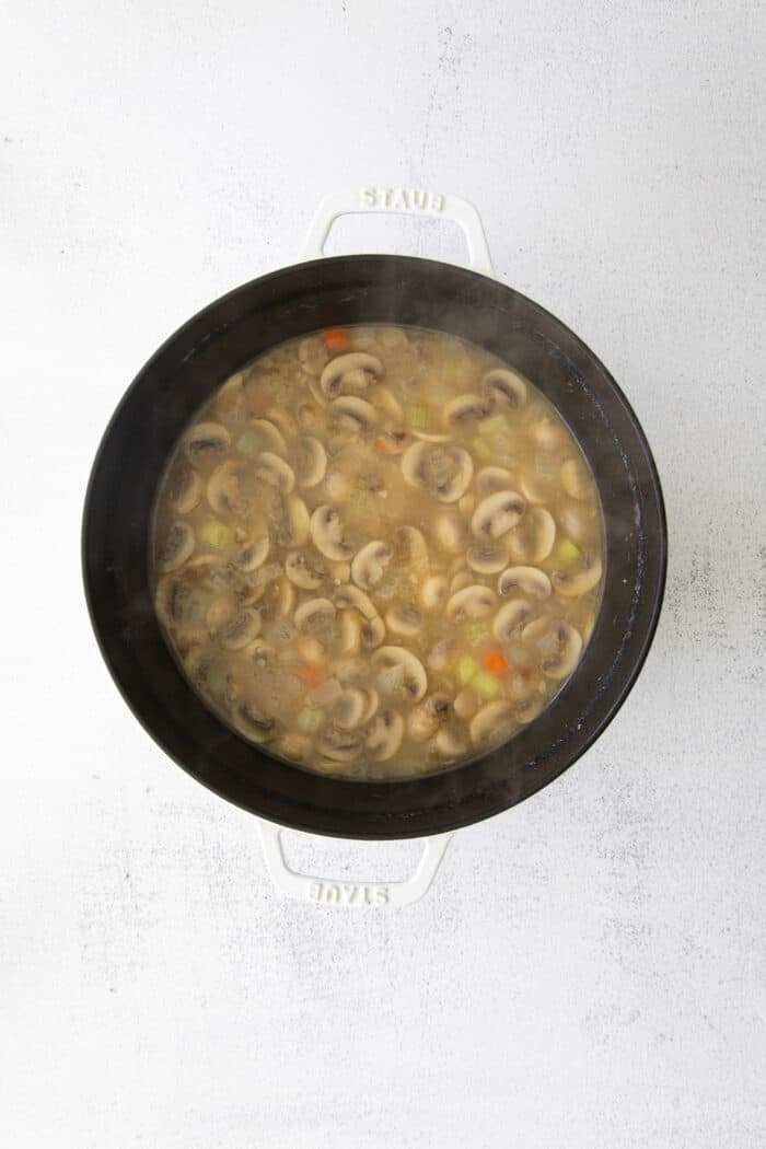 Chicken and vegetables in broth in a pot.