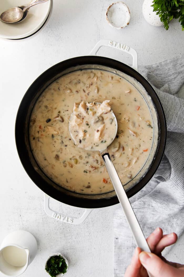 A ladle serving chicken and wild rice soup from the pot