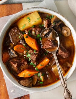 Overhead view of a bowl of Hungarian goulash