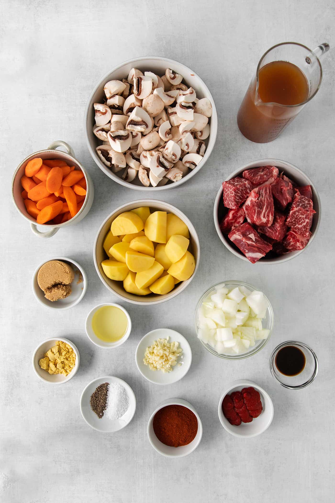 Overhead view of hungarian goulash ingredients