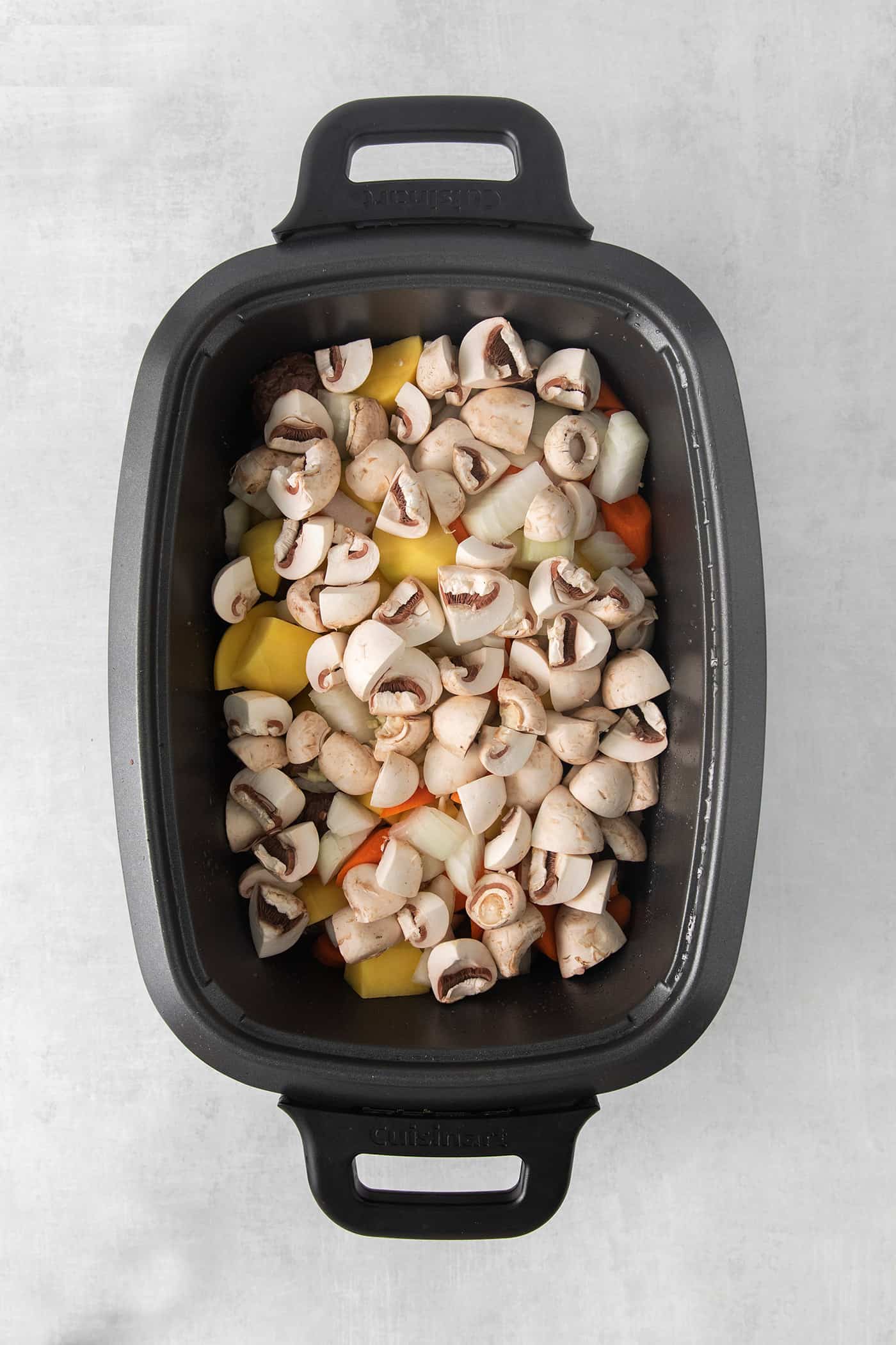 Aerial view of a bowl of Hungarian goulash