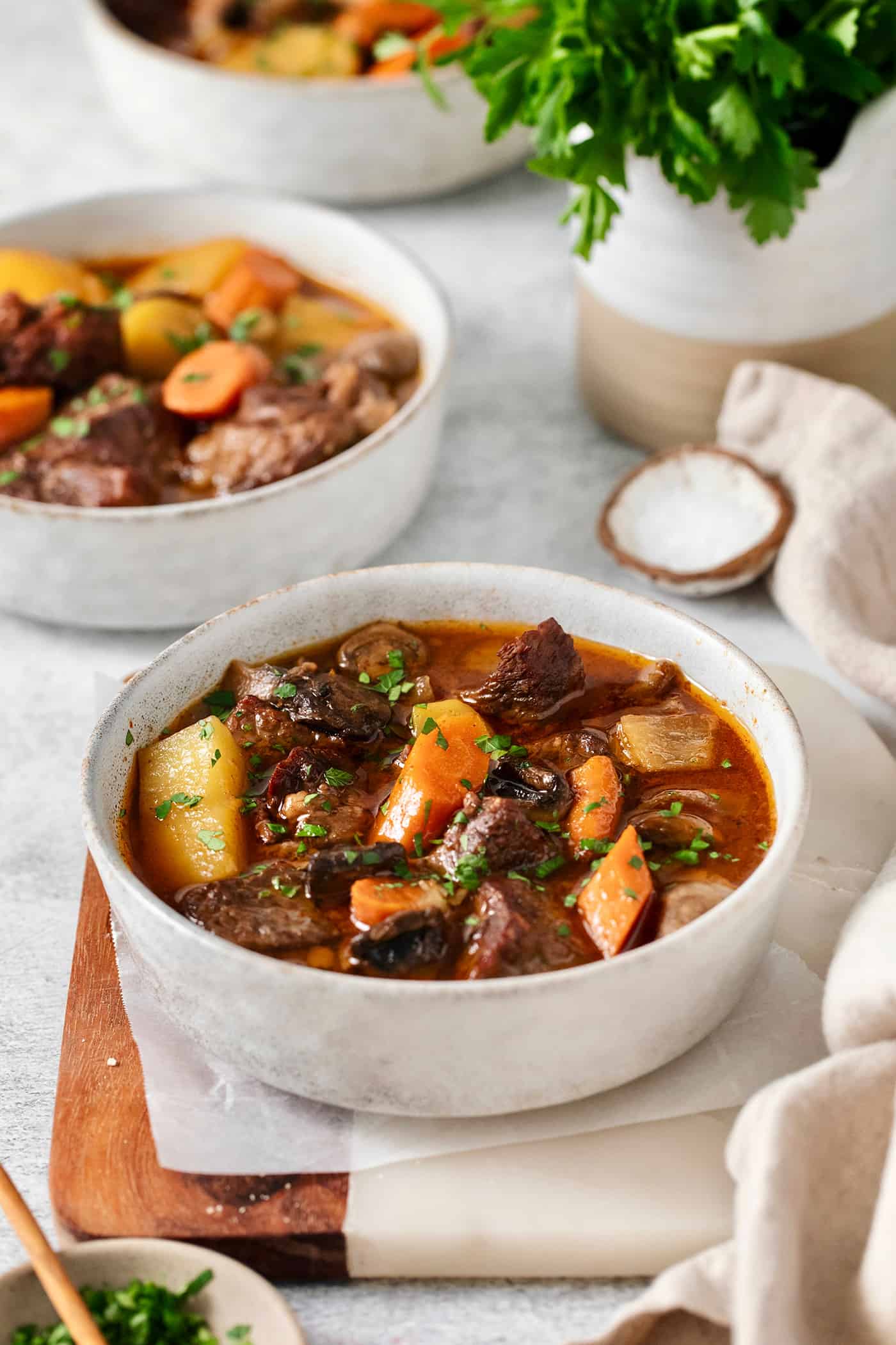 Angled view of bowls of authentic Hungarian goulash