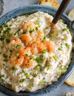 blue bowl of dip with shrimp