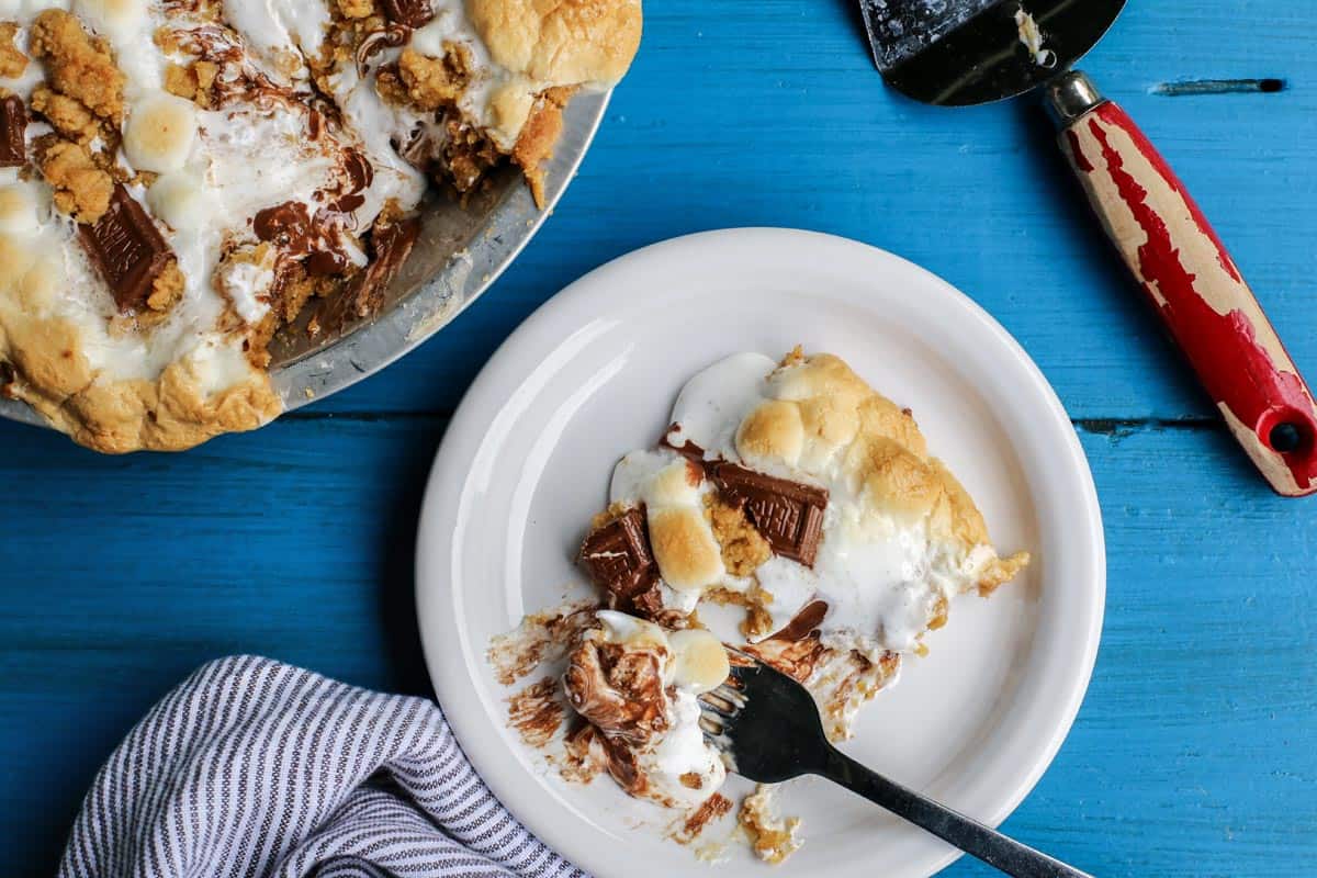 S'mores Pie slice on a white plate