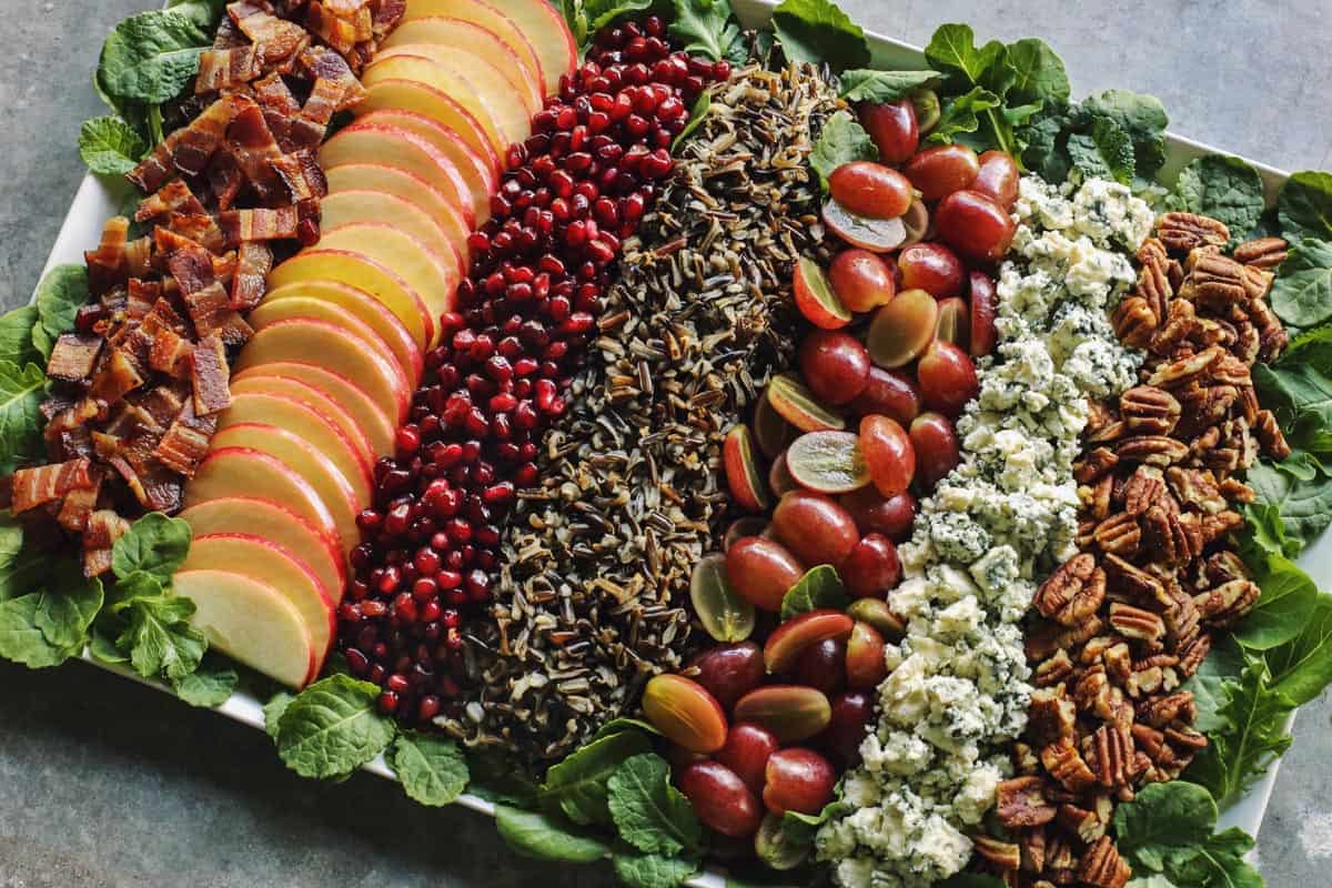 salad with wild rice, pecans, apples, grapes, blue cheese