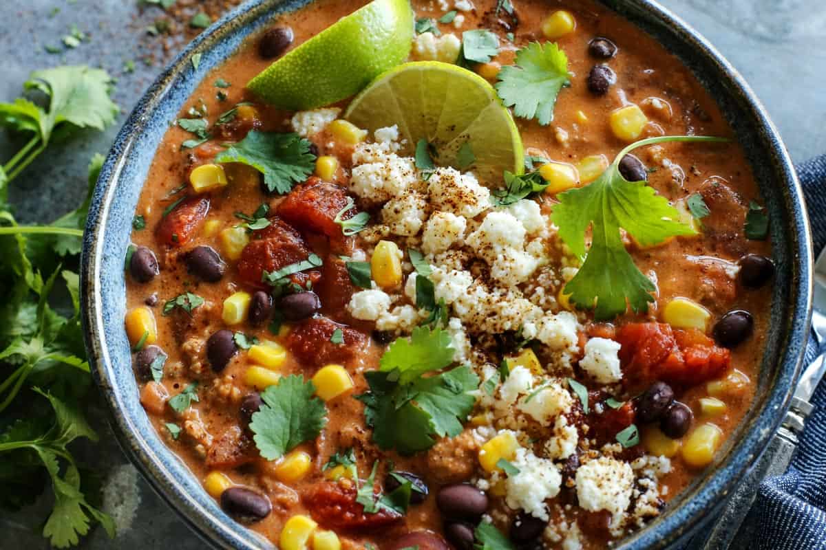 Creamy Enchilada Chili with fresh cilantro