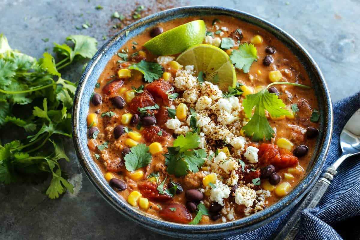 chili in a blue pottery bowl