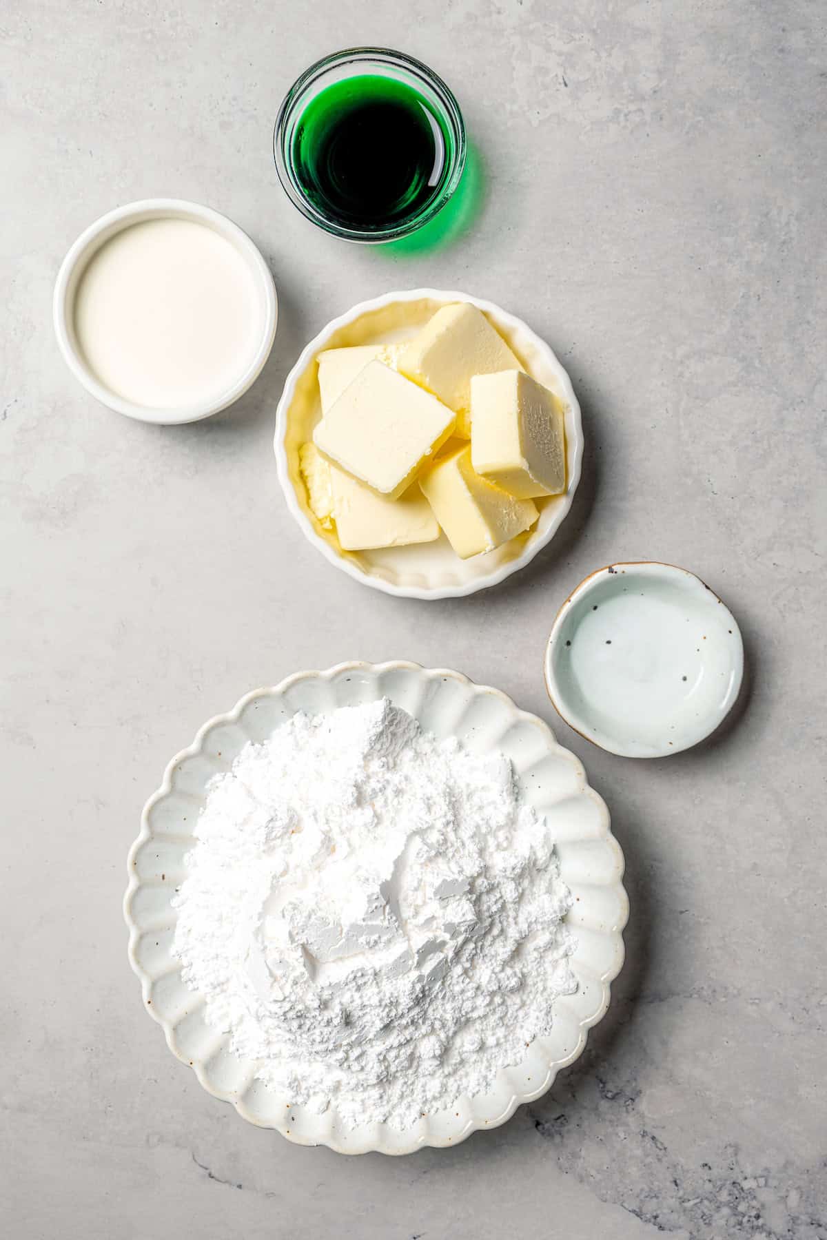 Overhead view of ingredients for mint buttercream