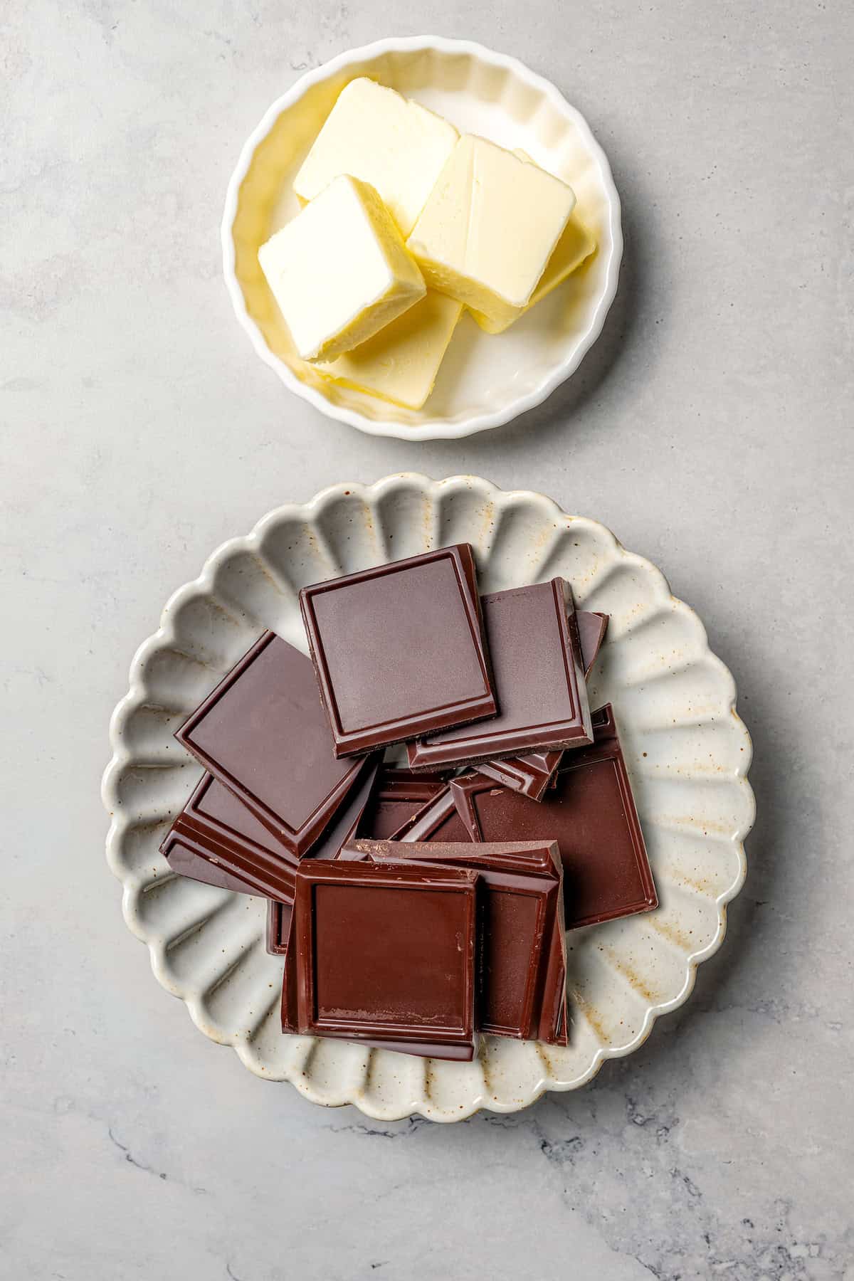 Chocolate and butter on plates