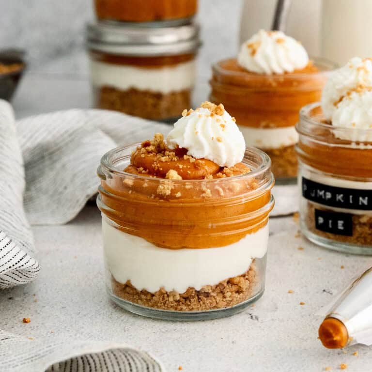 Recipe card photo for layered pumpkin pie in a jar.