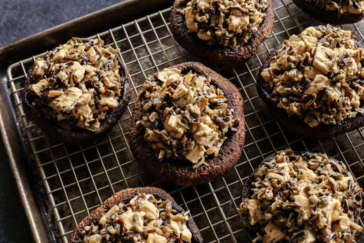 portobello mushrooms stuffed with creamy wild rice and turkey mixture