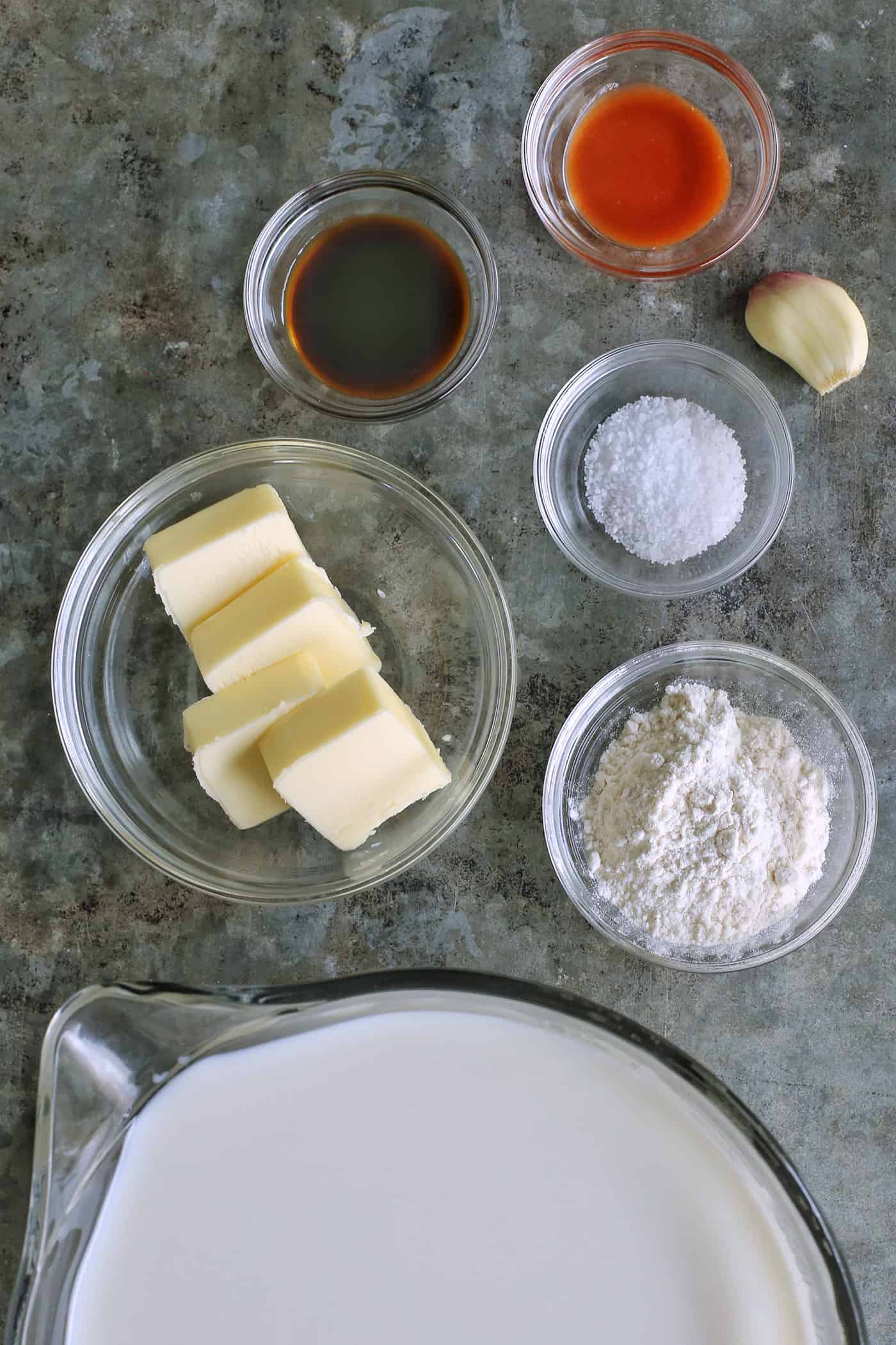 Overhead view of oyster stew ingredients