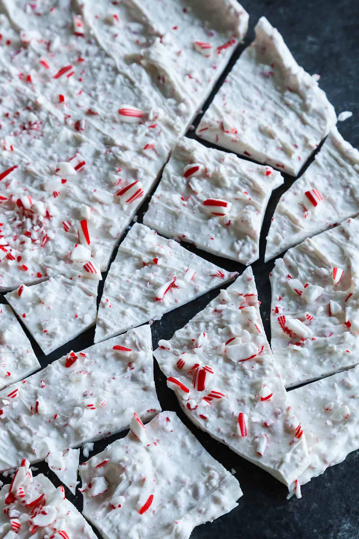 Overhead view of cracked candy cane bark
