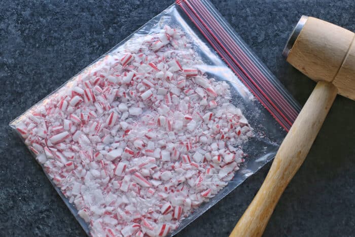 Crushed candy canes in a ziploc bag