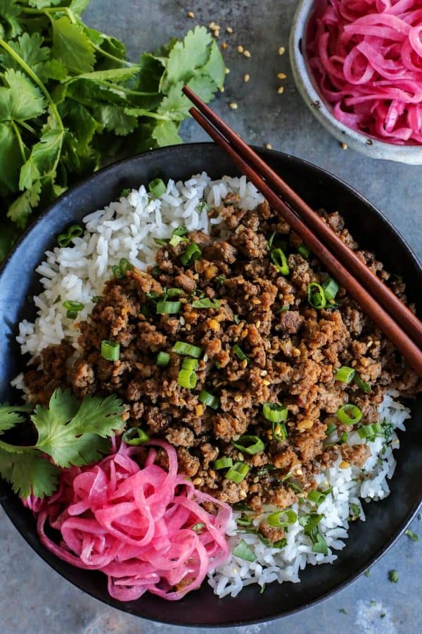 Korean beef and rice in a bowl