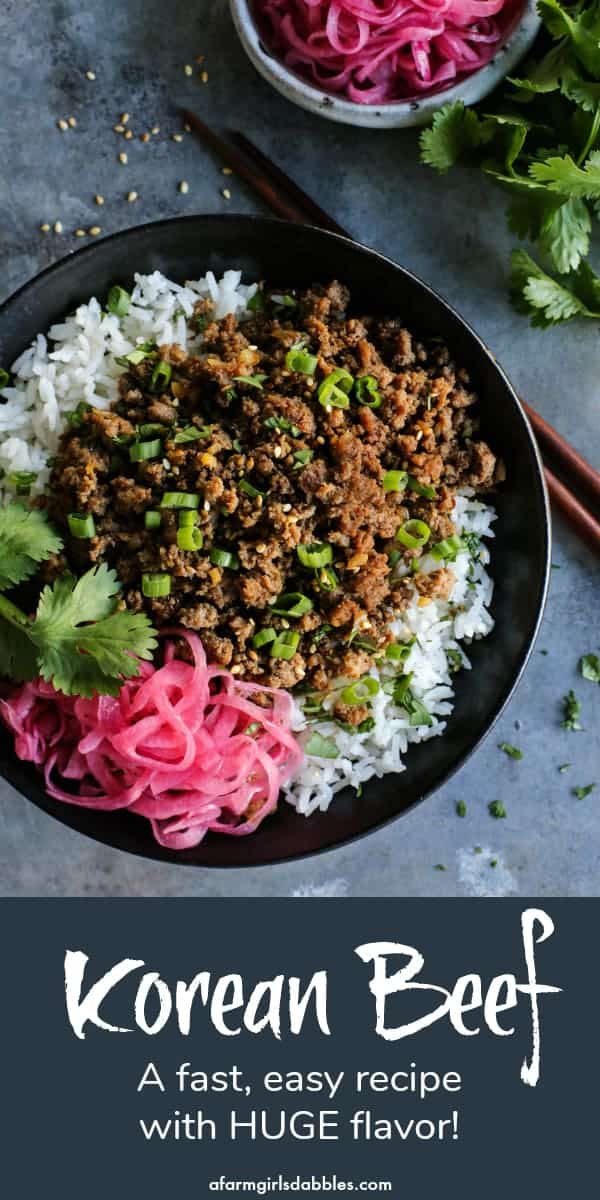 pinterest image of Easy Korean Beef served over rice with pickled red onions