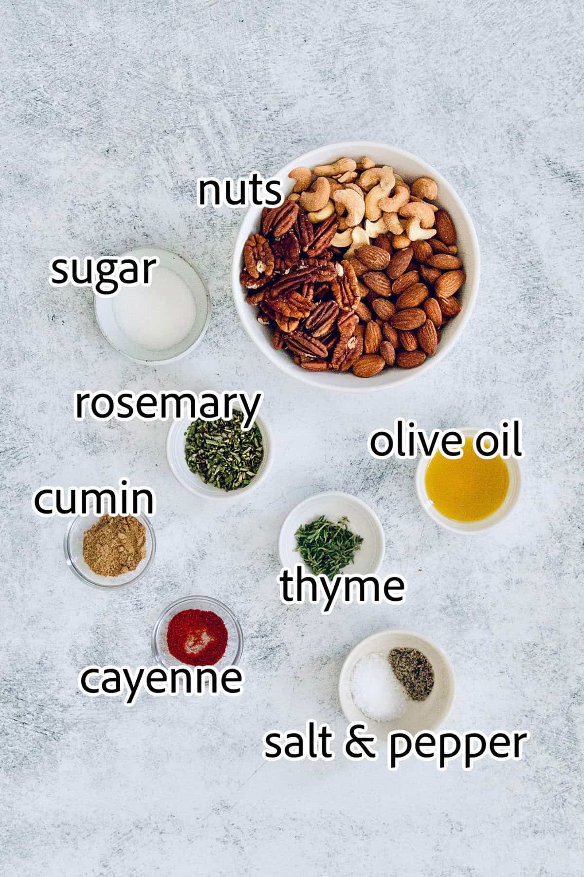 Labeled ingredients for making my spiced nuts recipe. 