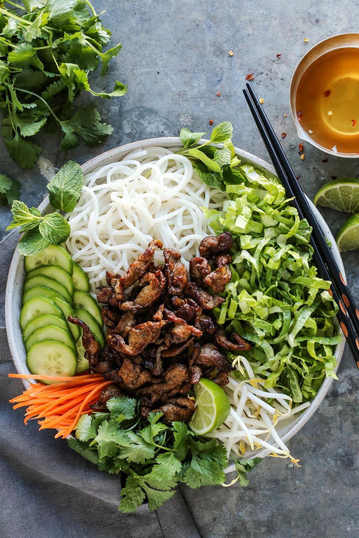 A bowl filled with Vietnamese noodle salad