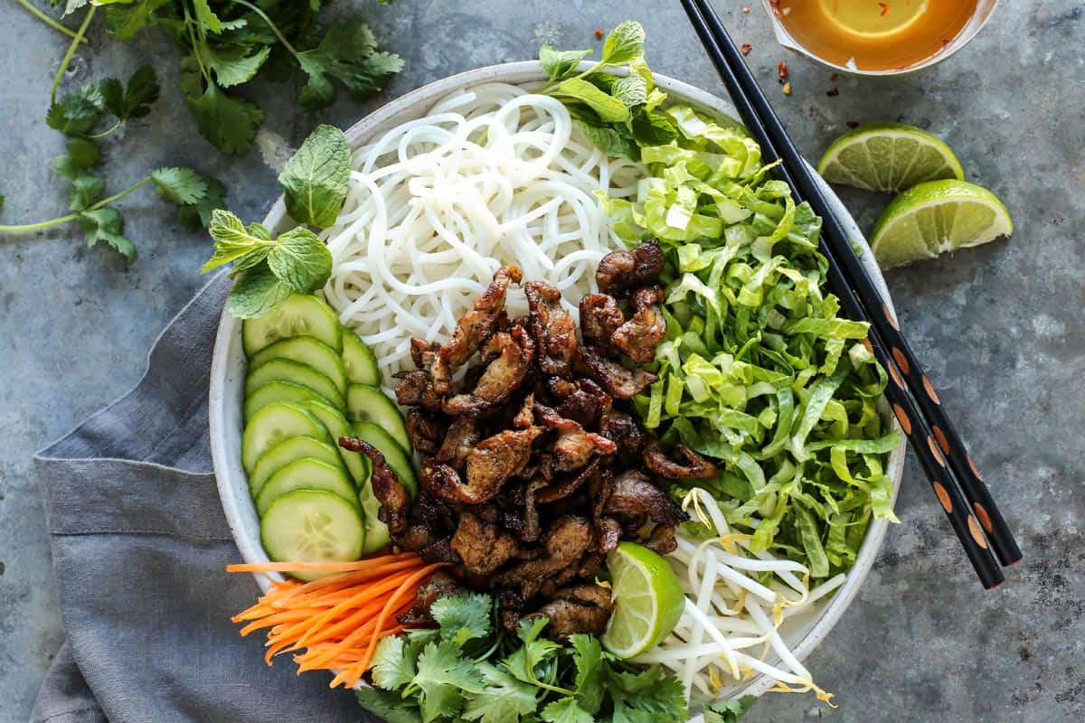 Vietnamese Noodle Salad in a bowl with chopsticks