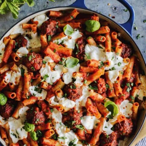 Meatball Baked Ziti in a blue casserole dish