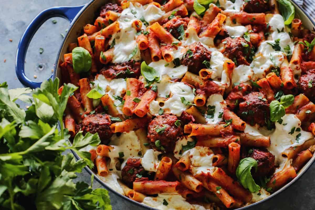 Meatball Baked Ziti in a blue pan