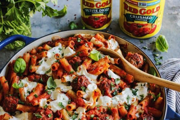 Meatball Baked Ziti with cans of red gold tomatoes