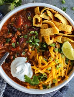 Overhead view of a bowl of slow cooker beef chili