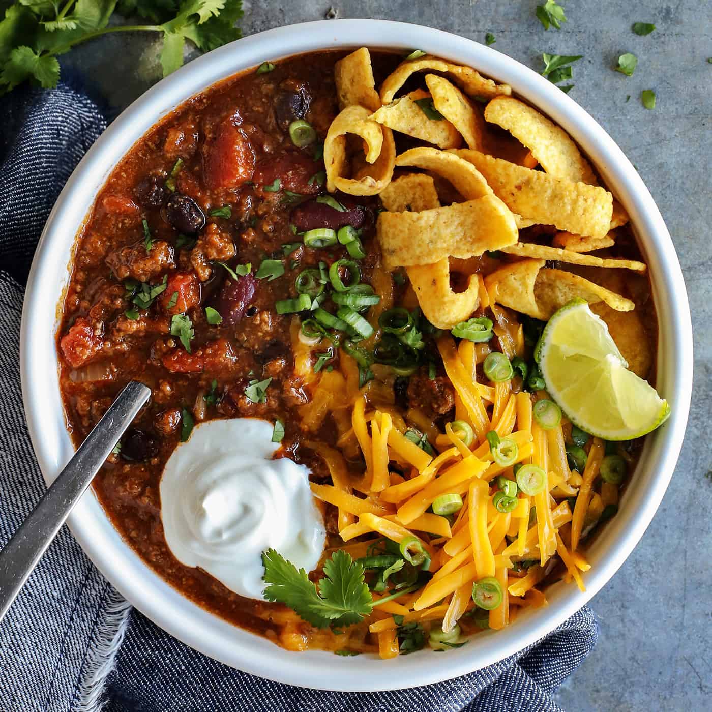 Overhead view of a bowl of slow cooker beef chili