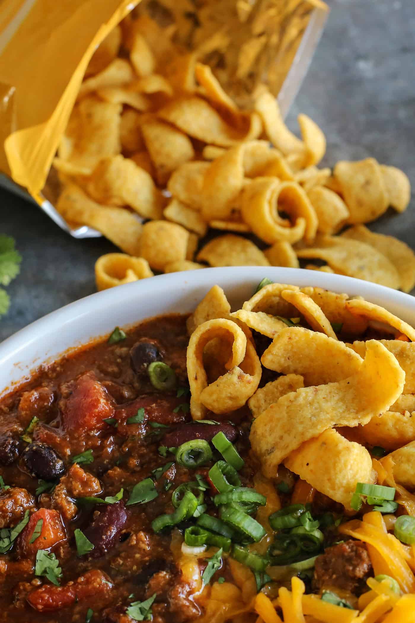 Overhead view of a bowl of slow cooker chili