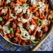 pinterest image of a dish of Meatball Baked Ziti