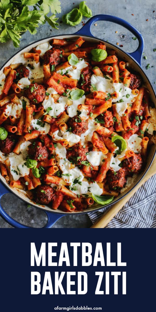 pinterest image of a dish of Meatball Baked Ziti