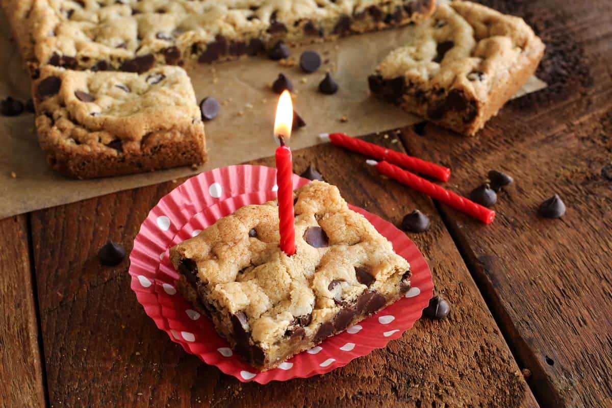 chocolate chip cookie bar with birthday candle