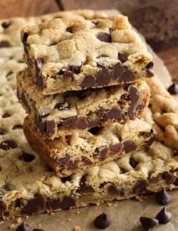 a stack of chocolate chip cookie bars