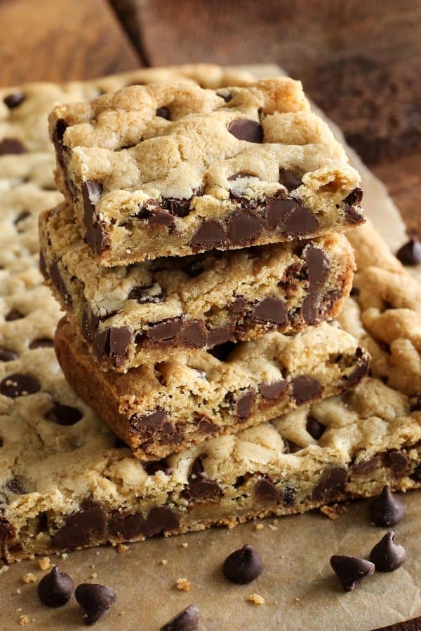 a stack of chocolate chip cookie bars