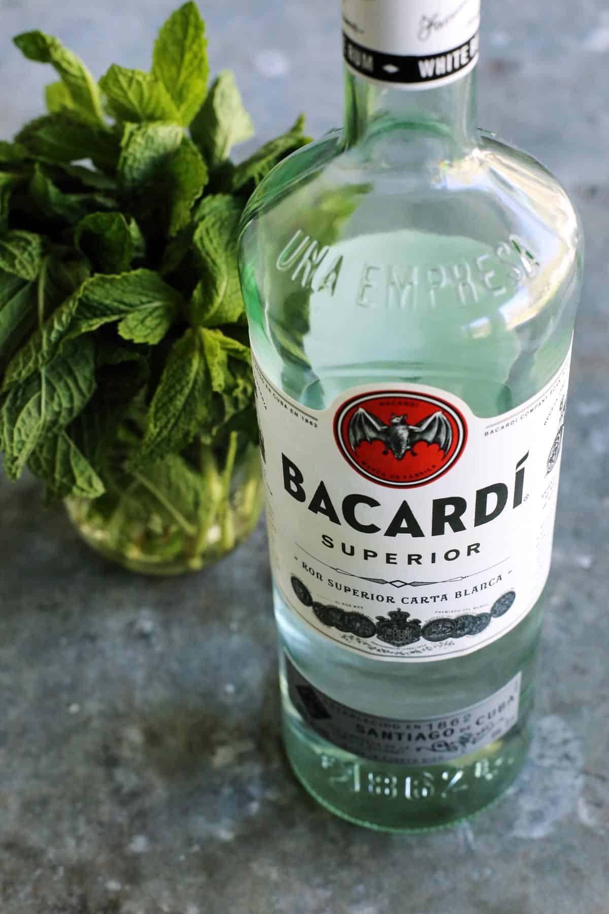 bottle of Bacardi rum and glass of fresh mint