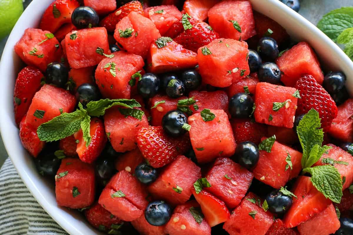 bowl of watermelon, strawberries, and blueberries 