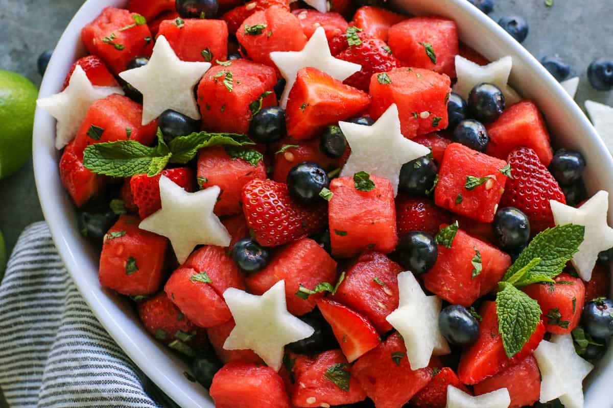 fresh fruit salad with mint and jicama stars