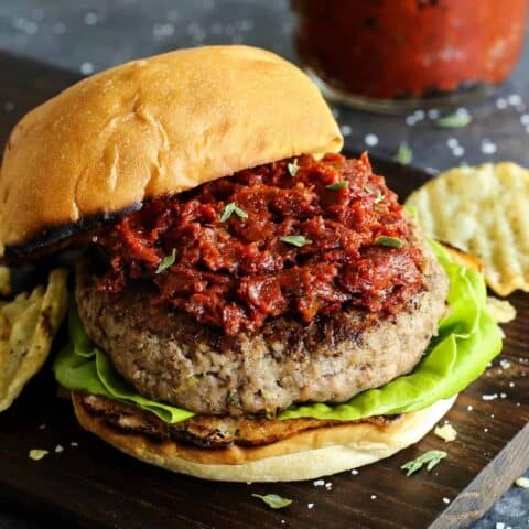 goat cheese stuffed turkey burger on a grilled bun