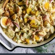 Pinterest image of dill pickle potato salad.