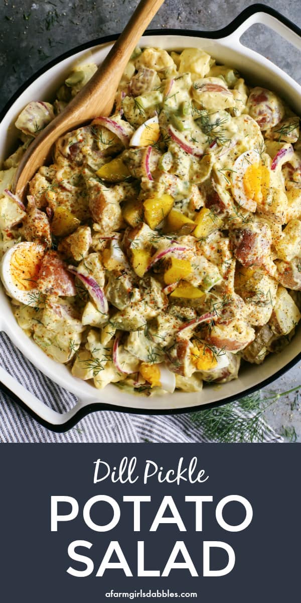 Pinterest image of dill pickle potato salad.