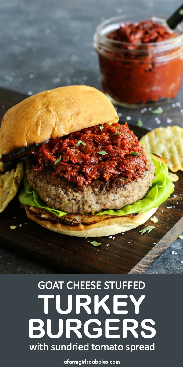 pinterest image of Goat Cheese Stuffed Turkey Burger on a wood board