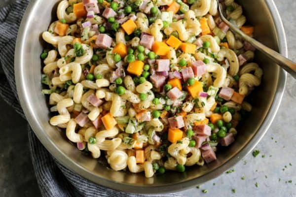 macaroni salad with ham, cheese, and peas