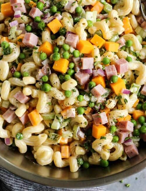Recipe card photo for macaroni salad with ham.