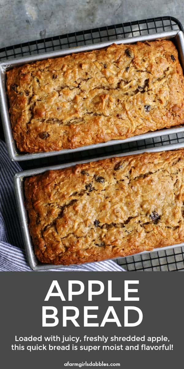 pinterest image of two loaves of apple bread in pans on cooling rack