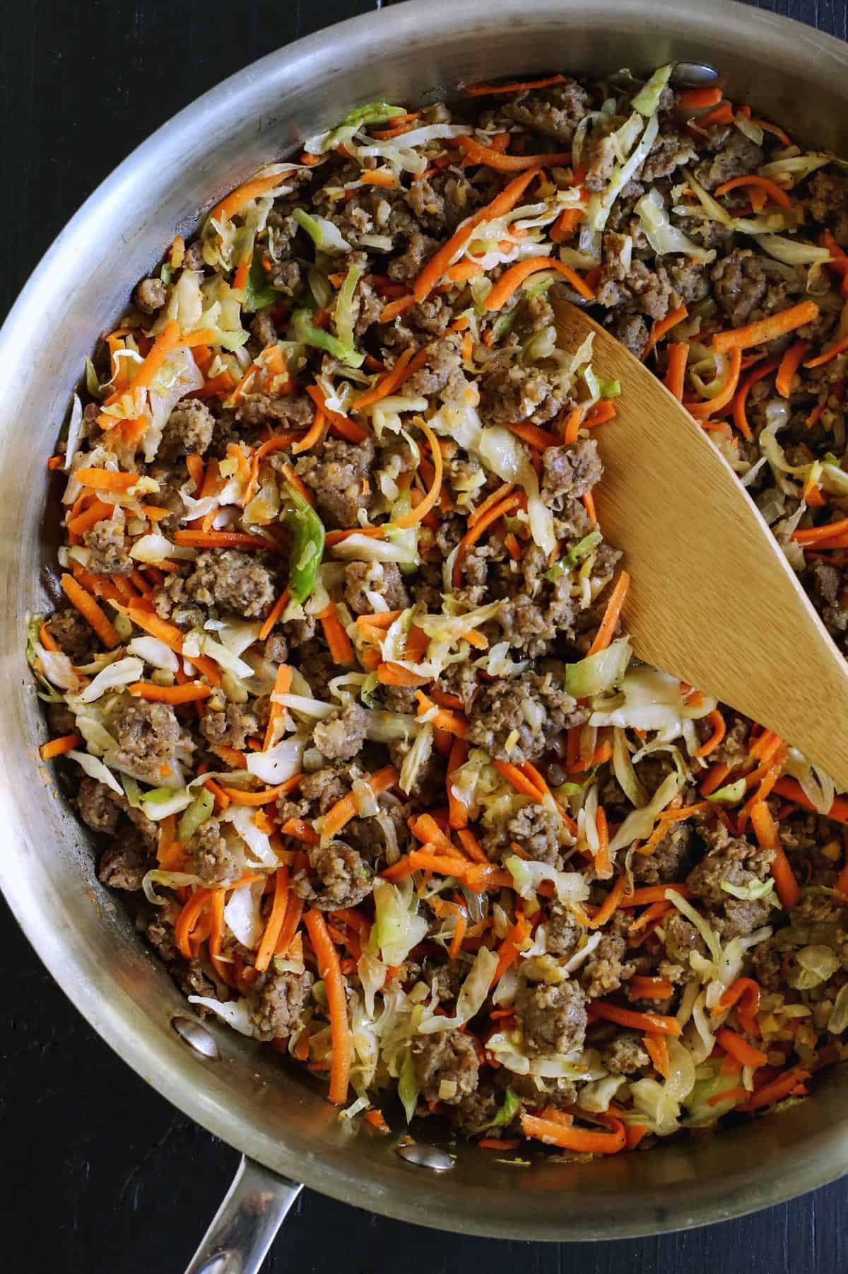 egg roll filling cooking in a pan