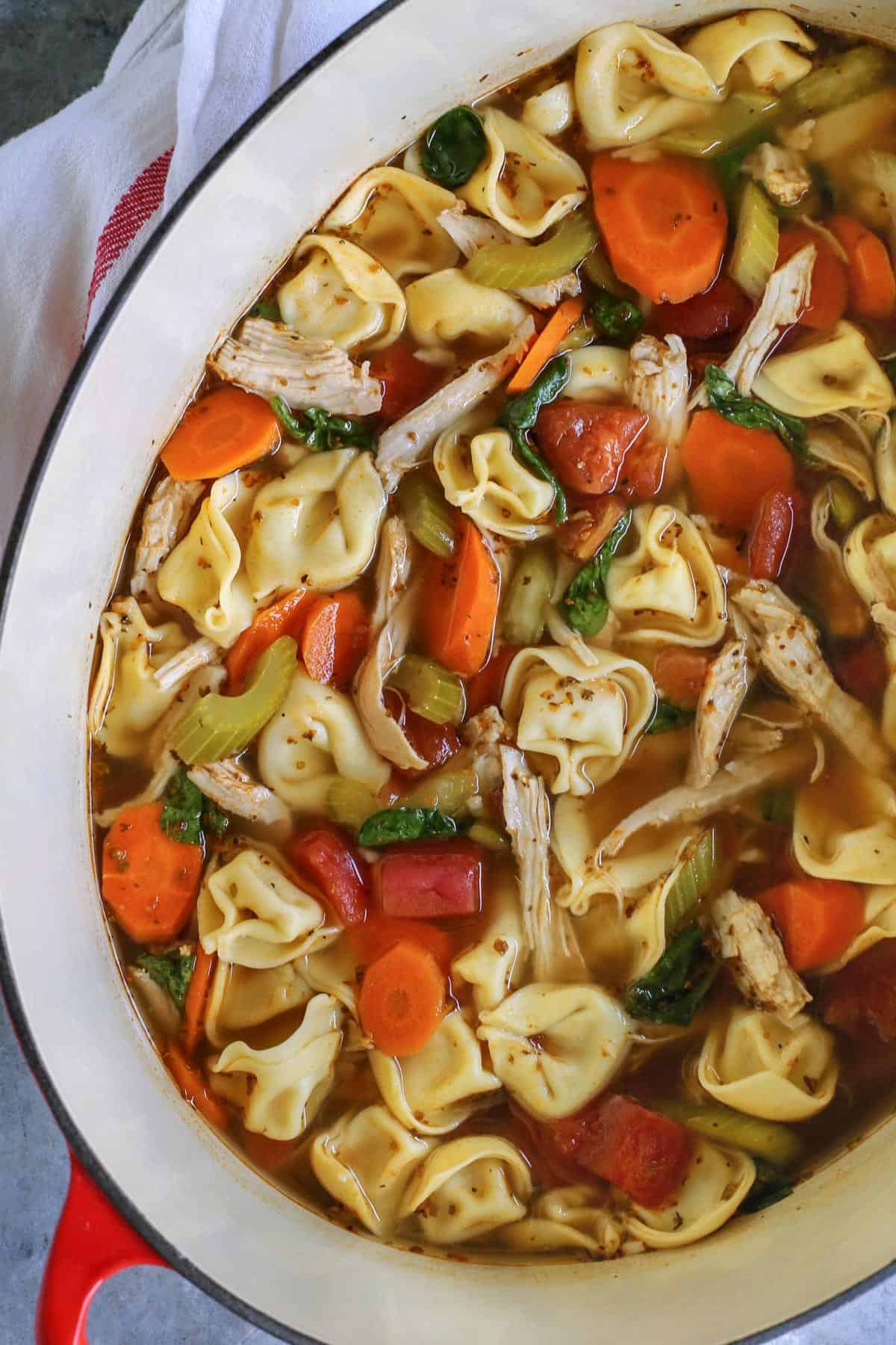 big pot of turkey tortellini soup