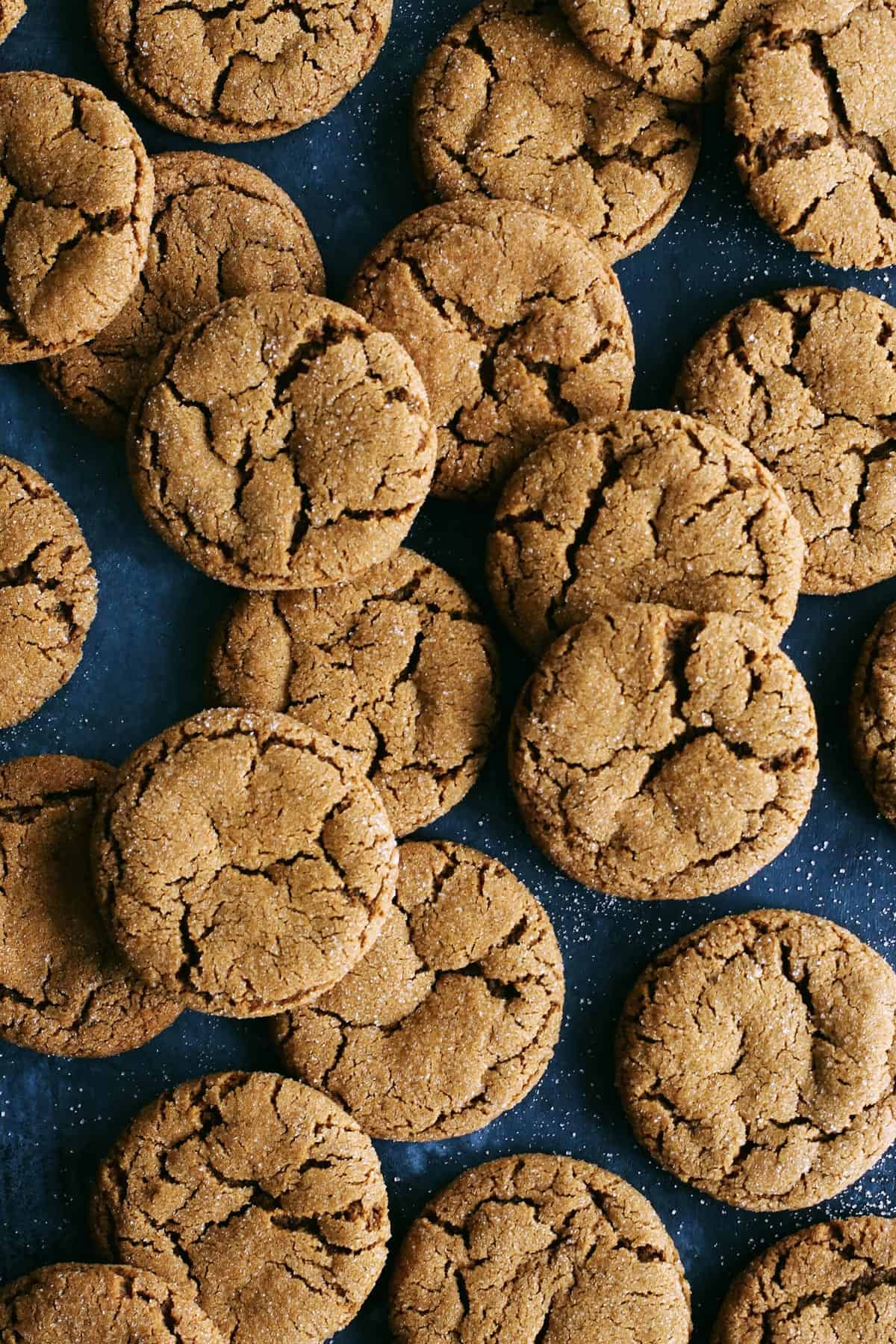 a bunch of chewy ginger cookies on a dark blue background